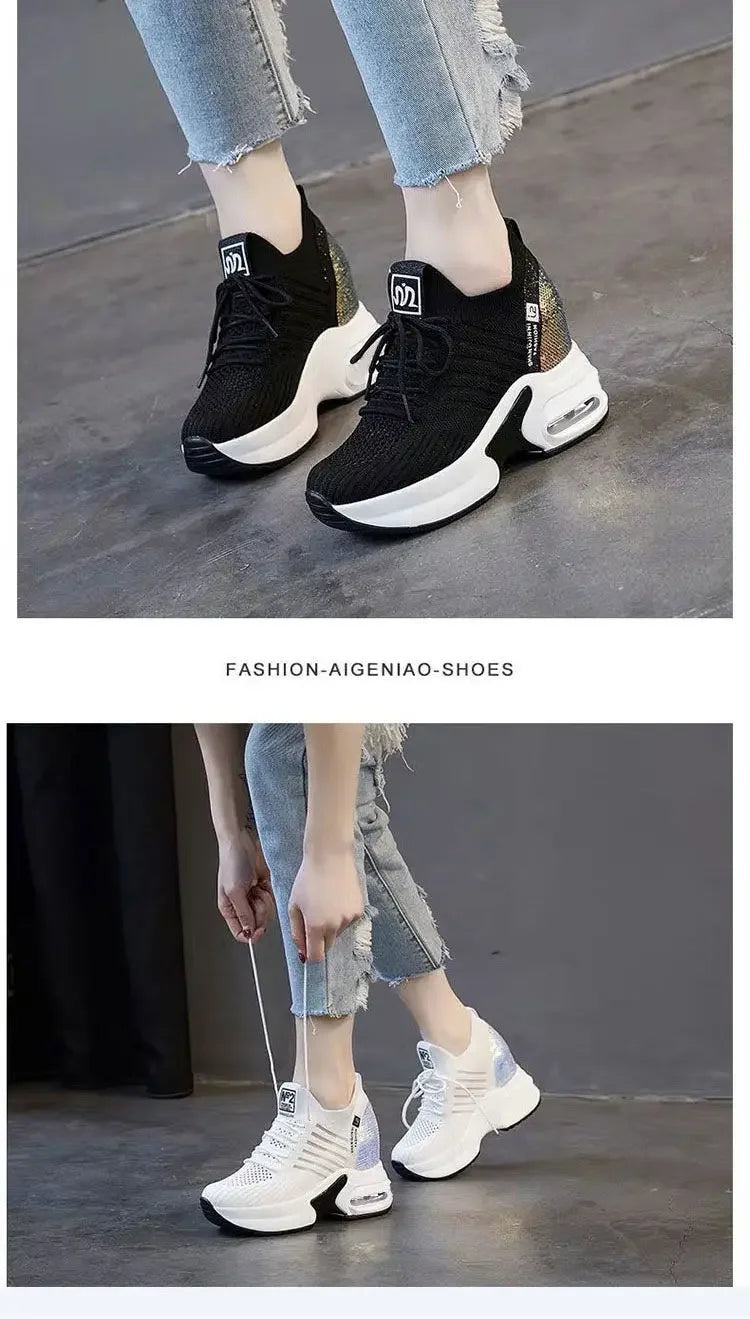 2025 Women's Sneakers Spring Sequined Casual Shoes Woman Platform Heels Wedges Height Increasing Knitted Ladies Vulcanized Shoes