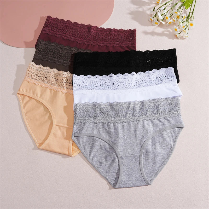 FINETOO 2Pcs Women Cotton Seamless Underwear Sexy Lace Waist Patchwork Panties Female Solid Briefs Plus size Breathable Lingerie