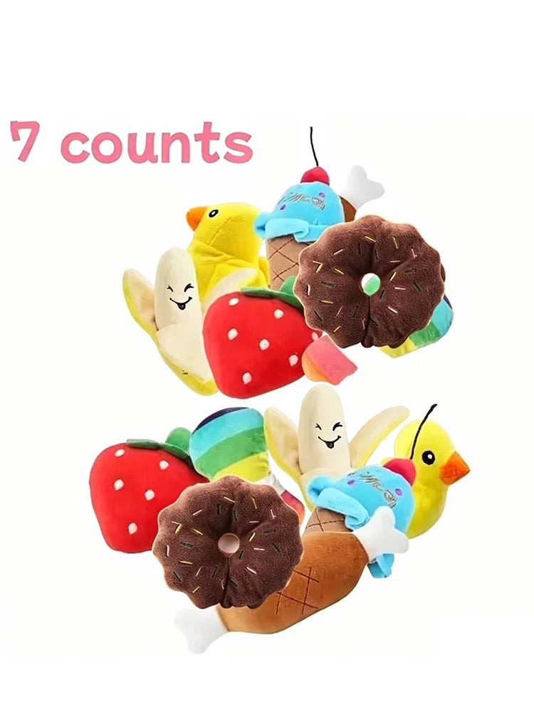 A 7-piece set of puppy sound toys, loose plush pet chewing, plush fruit snacks and vegetable puppy toys, suitable for pet play