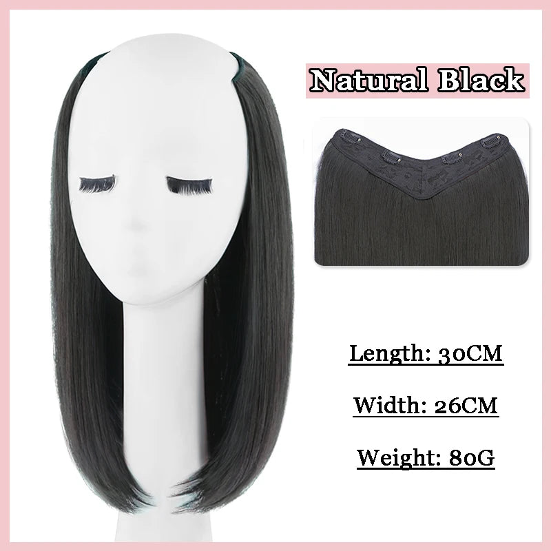 12Inch Synthetic V-shaped Layered 4 Clips Synthetic Long Straight Hair Extension Hairpiece Wig for Women