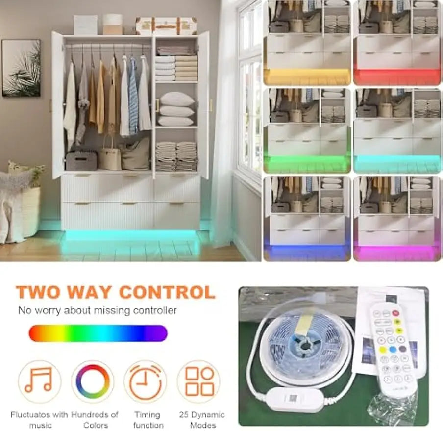 Armoire Wardrobe Closet with 3 Door, Bedroom Armoires with Mirror and LED Lights, Hanging Rod, Drawers