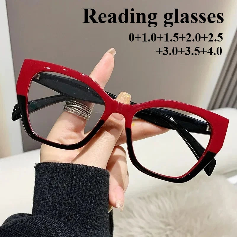 Women's Fashion Glasses Anti-Blue Light Trendy Luxury Large Frame Cat Eye Presbyopia Glasses Full Frame Premium Color Blocked