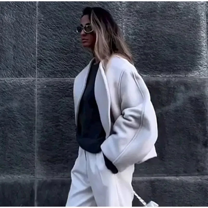 Women's Fashion Solid Thicken Cropped Jacket Top Long Sleeve Warm Autumn Winter Cardigan Female Casual Loose Woolen Streetwear