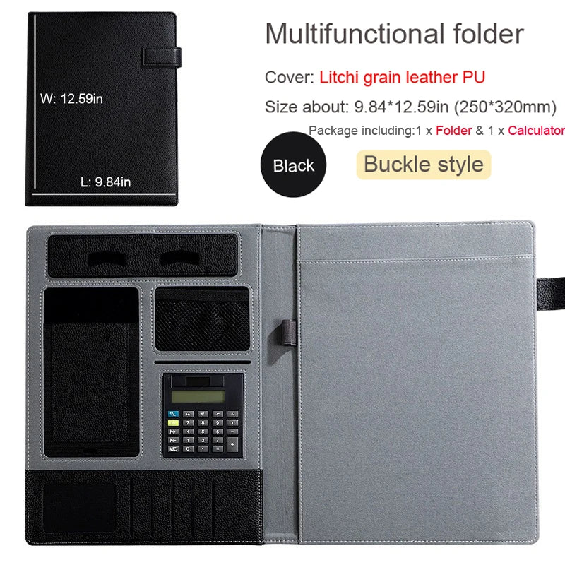 A4 Leather Padfolio Portfolio File Folder Man Document Holder Desk Organizer Executive Folders Calculator Briefcase for Office