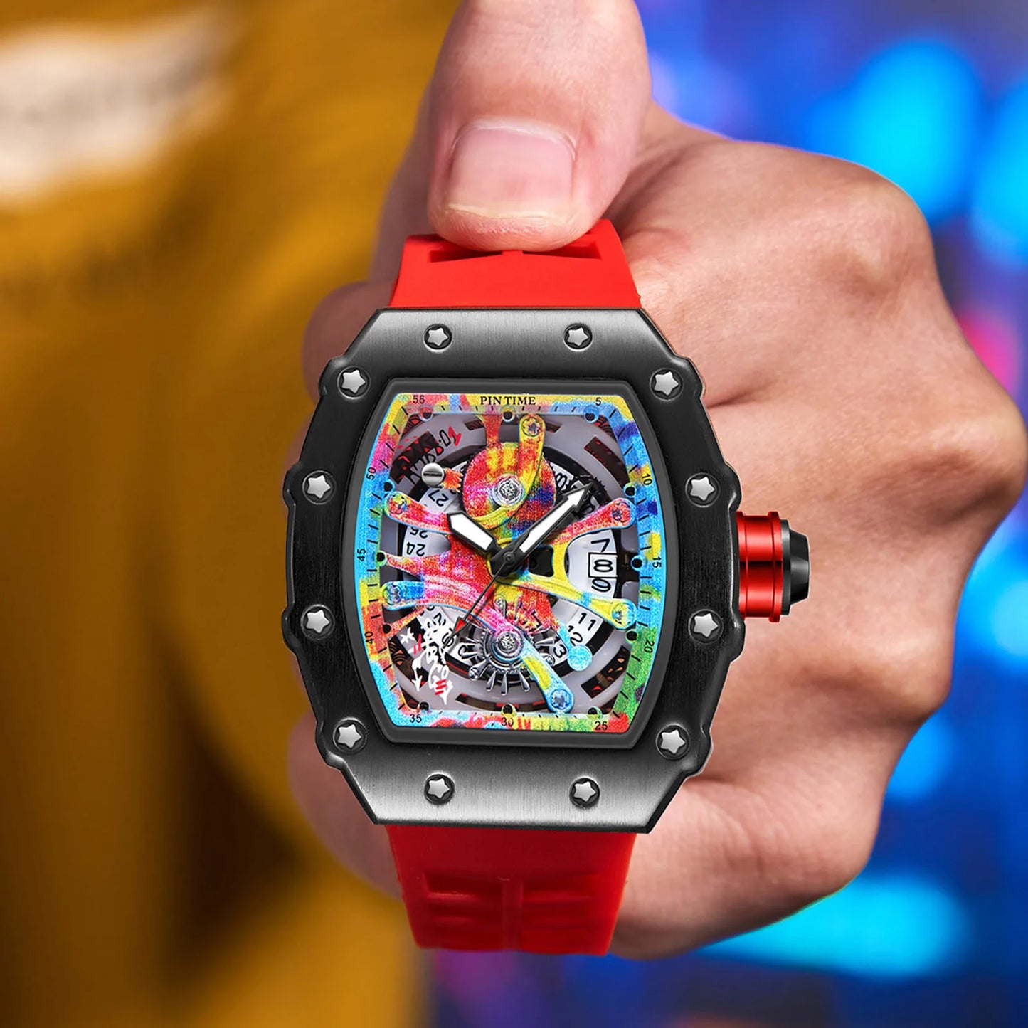 High-end Colored Hip Hop Dial  PINTIME Watch for Men Silicone Strap Stainless Steel Case Fashion Waterproof Quartz Wristwatch