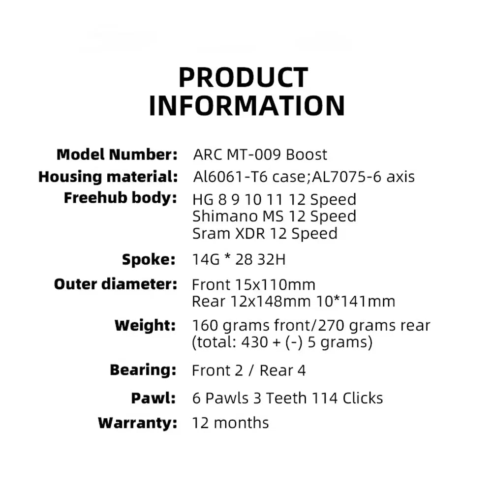 ARC MT009 BOOST MTB rear hub	Bicycle Hub 6 Pawls 15x110 10x141 12x148 32H Bike Wheel Hub HG XD MS for K7 8 9 10 11 12 Speed