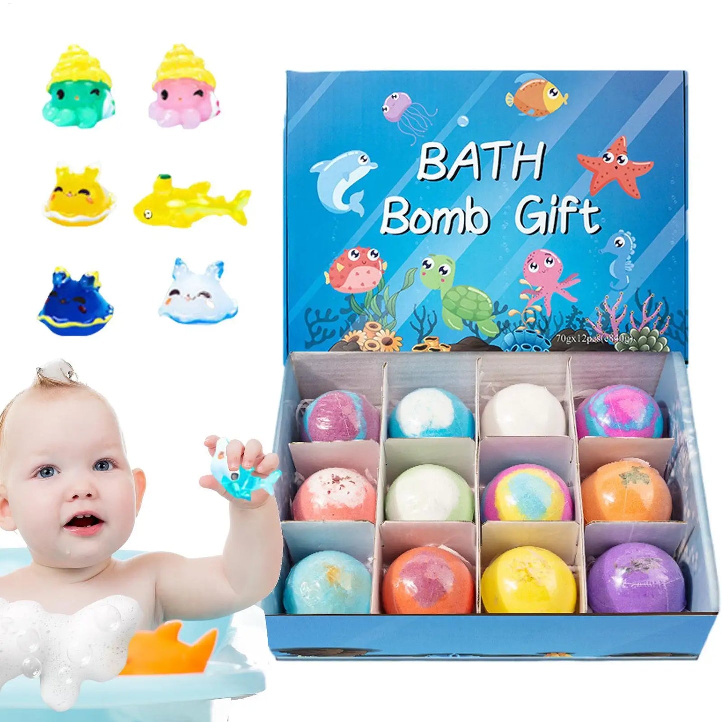 12Pcs Ocean Themed Bath Bombs Gift Set with Surprise Sea Animal Toys Inside Natural Bubble Bath Salt Balls for Kids Holiday Gift