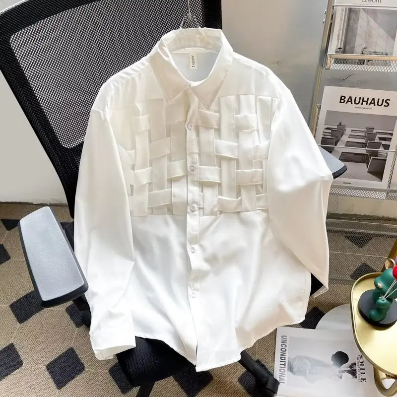 Vintage Weaving Shirts For Men Long/Short Sleeve Lapel INS Trend Tops Streetwear New Spring Summer Fashion Casual Loose Shirts