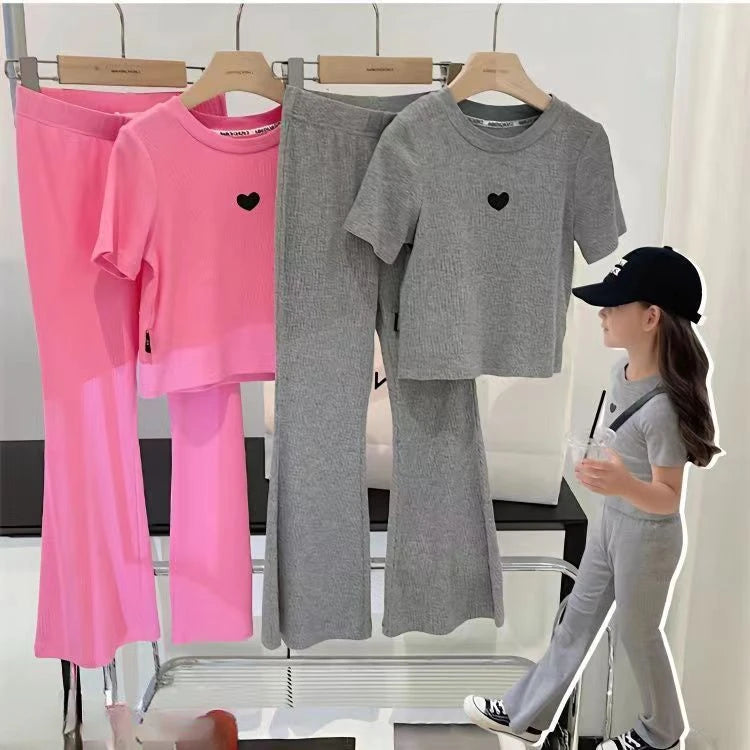 Summer Baby Girls Clothes Set Children Casual Tshirts and Flared Pants 2pc Outfits Kid Sweet Heart Print Top Bottom Cute Outfits