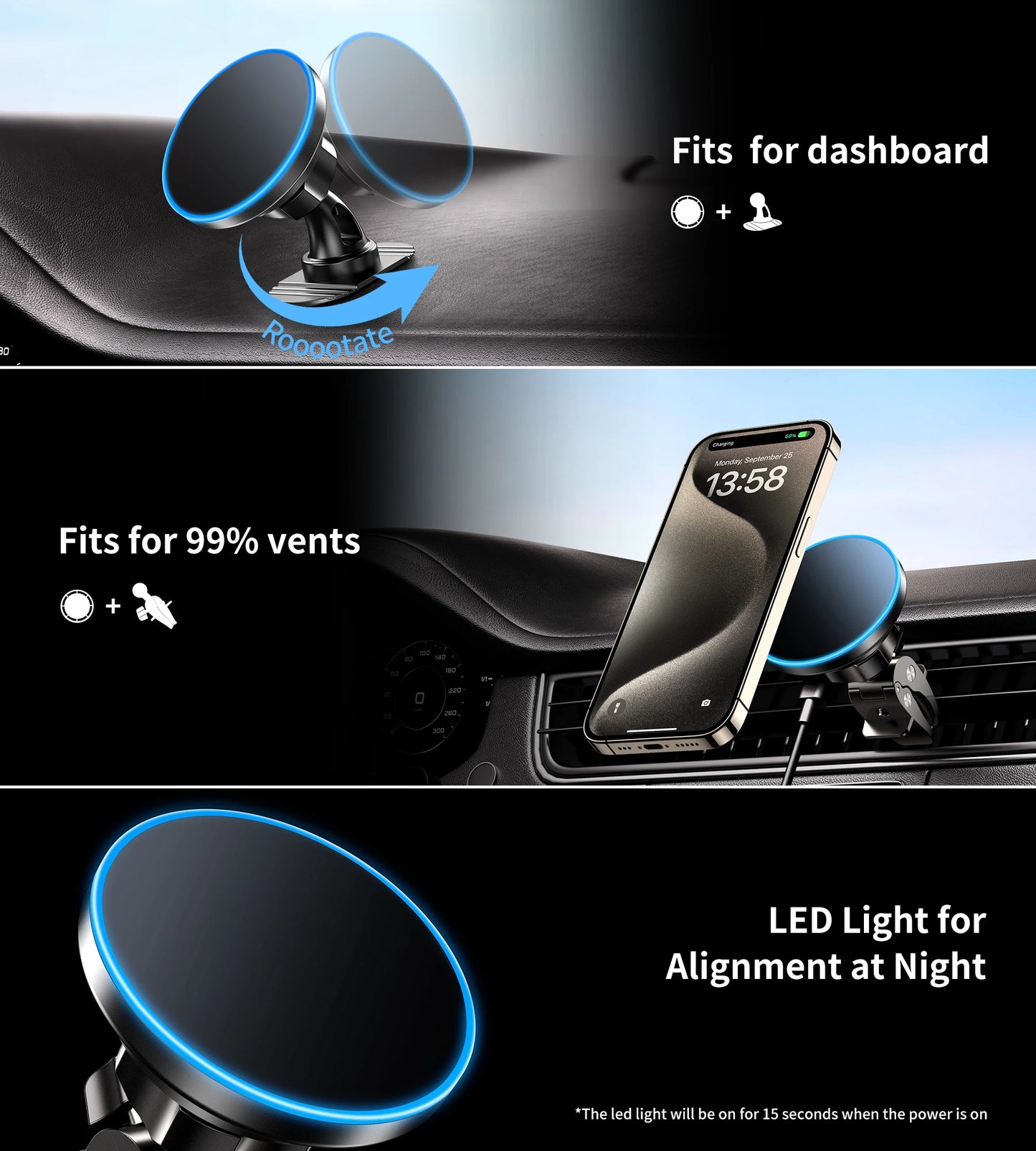 MagSafe Car Mount Charger, 15W Magnetic Car Phone Charger for Vent/Dashboard, [2025 New] Car Phone Holder Mount, Fast Charging M