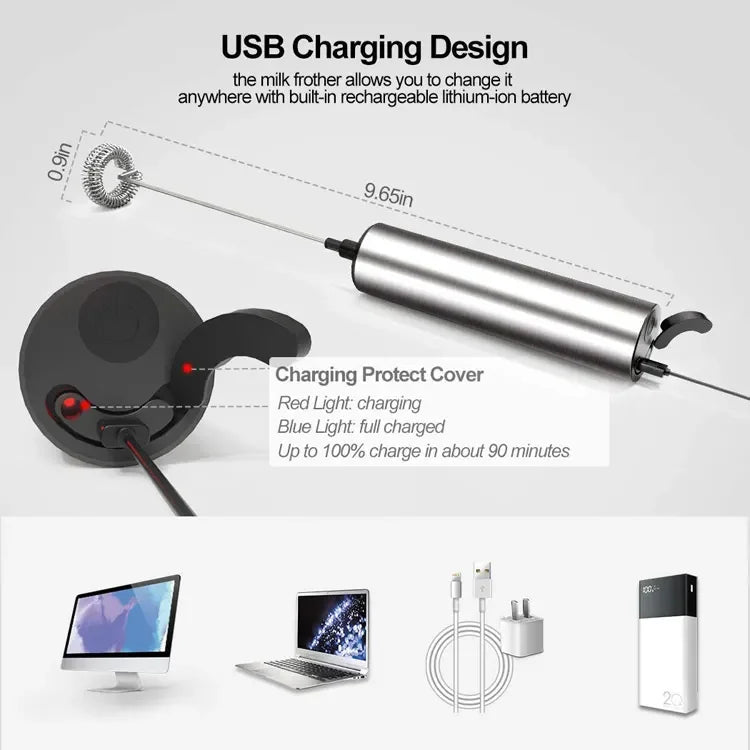 Rechargeable Stainless Steel Milk Frother 2 Speeds for Latte Cappuccino Espresso Home And Barista Use