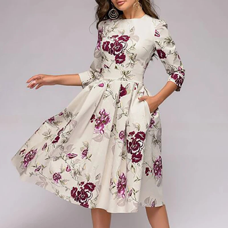 2023 Spring AutumnOffice Lady Knee Length Elegant Vintage Long Sleeve Party Dresses Women Floral Printed Dress New
