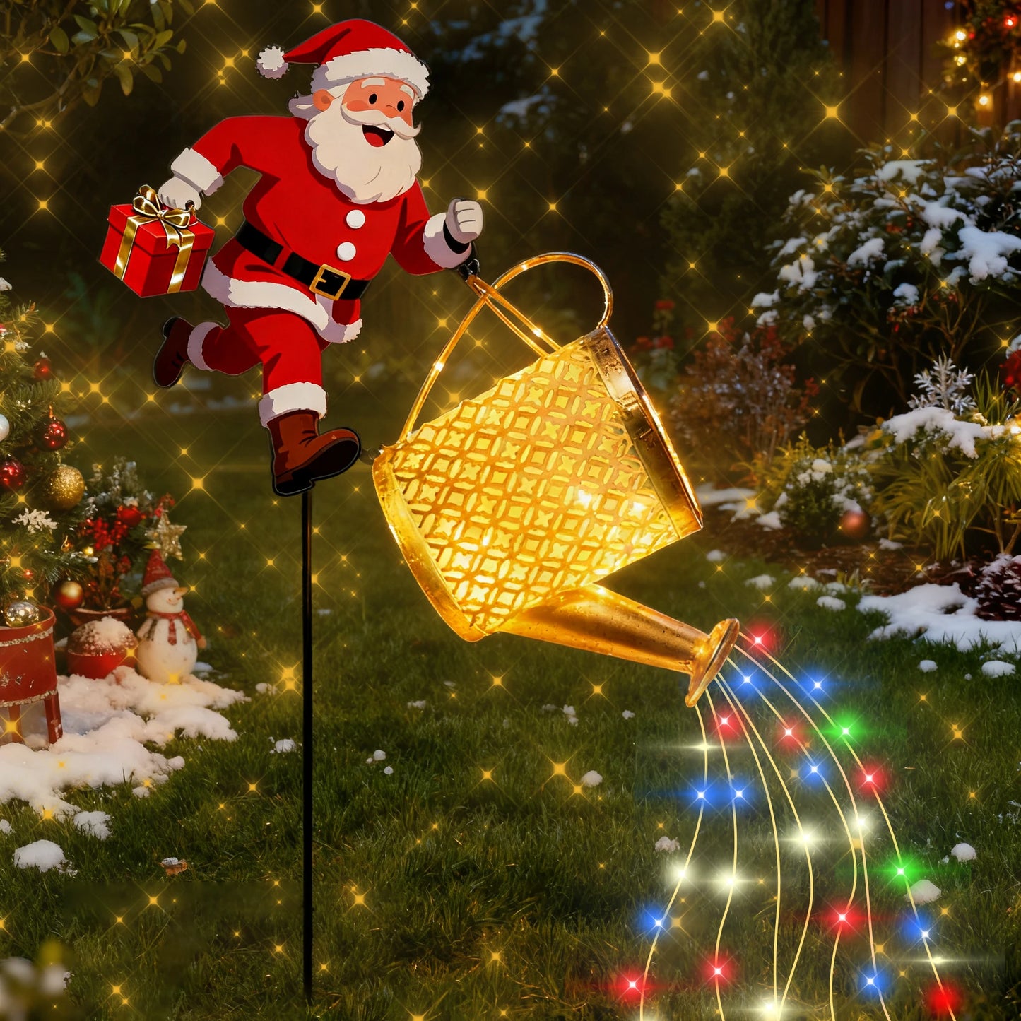 New Metal Santa Watering Can Solar Garden Light - Festive Atmosphere Outdoor Decorative Lamp with Light Projection for Christmas