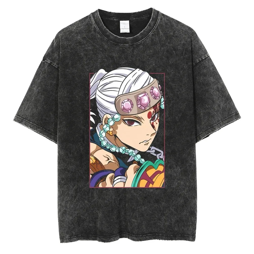 Hot Anime Demon Slayer Kokushibo Graphic T-Shirt Men Women Manga Tshirts Washed Cotton T Shirt Harajuku Unisex Vintage Top Tees