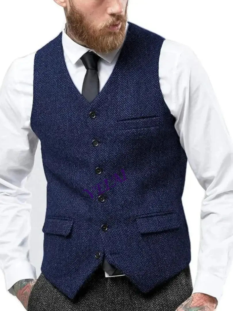 CustomizedMen's Vintage Herringbone Vest | Slim Fit Wool Tweed Waistcoat for Prom/Wedding (Classic Retro Style) Herringbone Weav