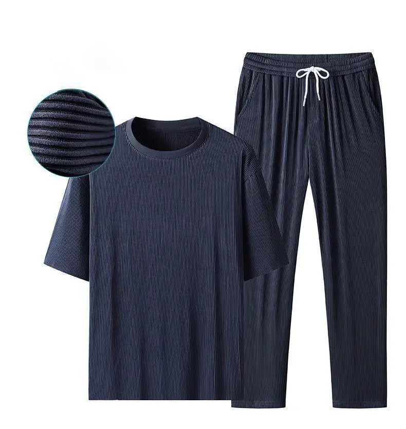 New Ice Silk Sports Set Men's Summer Thin Tracksuit Men 2024 Casual Long Pants Short Sleeve T-shirt Quick Drying Clothes Sets