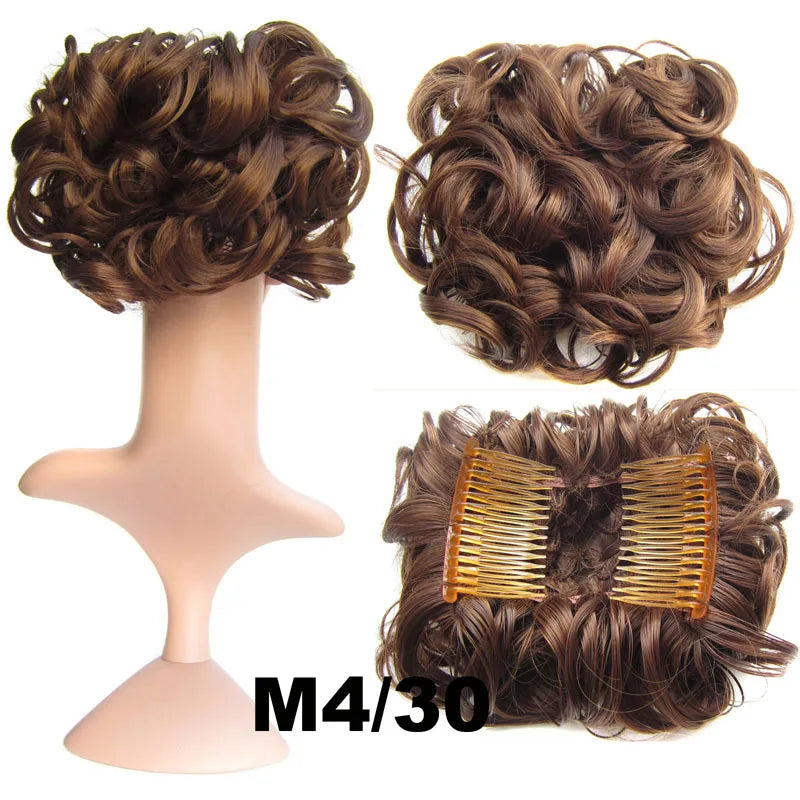 Synthetic Curly Messy Bun With Combs Scrunchie Chignon Dish Hair Bun Extension Clip in Hair Bun Hairpiece for Women Girls