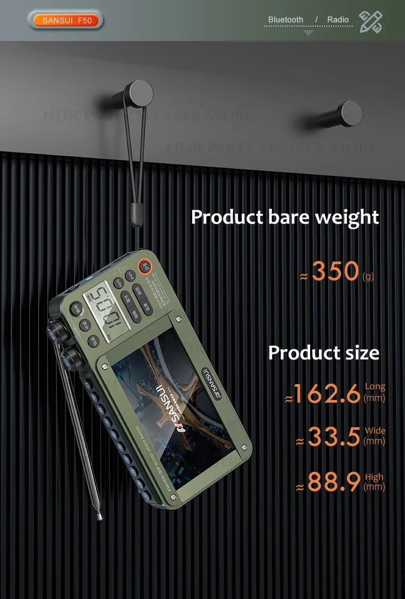 SANSUI Portable FM/MW/SW Radio 7-inch HD LED Display Radio Wireless Bluetooth Speakers Dual TF Card Slot MP4 Video Music Player