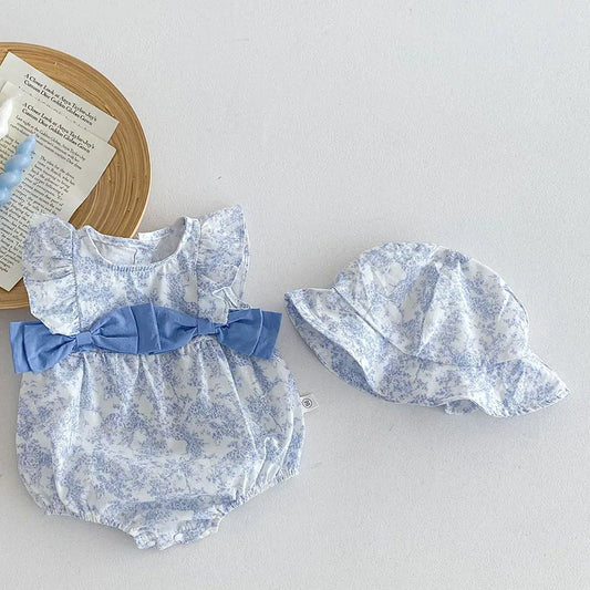 2025 New Summer Infant Baby Girls Bodysuits+Hat Sleeveless Cotton Flower Print Toddler Baby Girls Jumpsuit 0-24M Baby Clothing