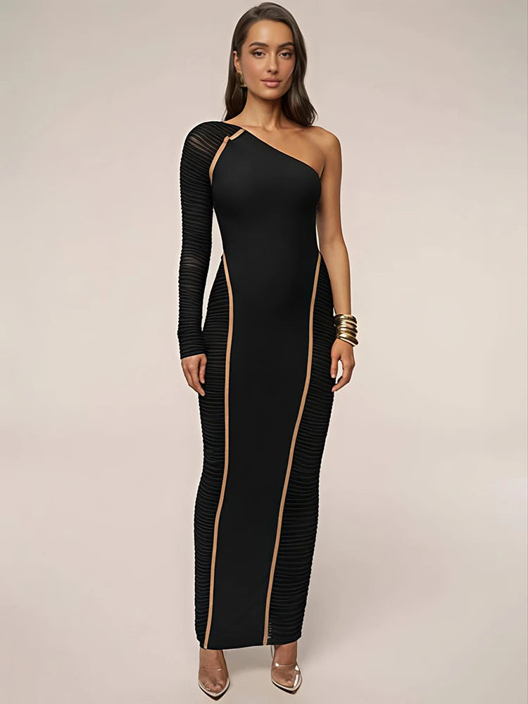 Mozision One Shoulder Backless Sexy Maxi Dress Women Gown Elegant Skew Collar Single Sleeve Ruched Bodycon Club Party Long Dress