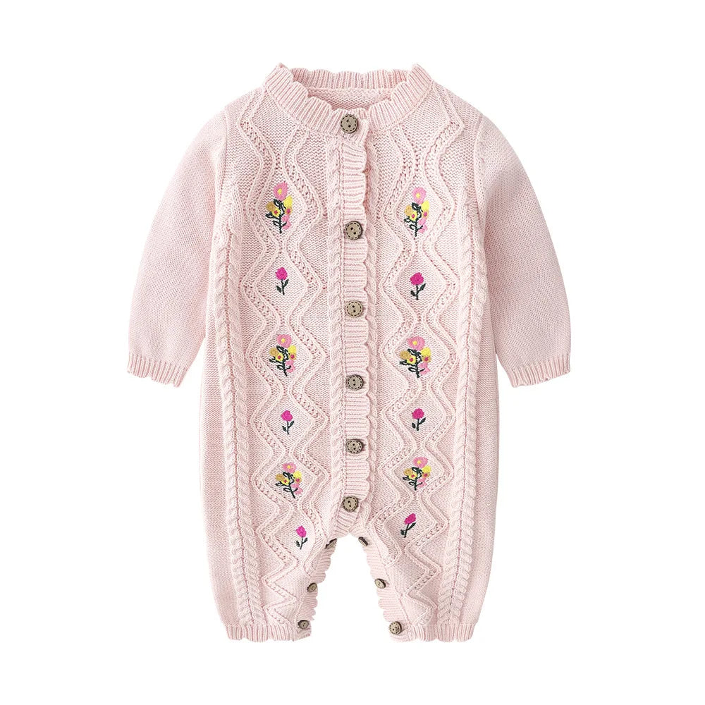 0-24M 100% Cotton Newborn Flower Baby Girl Romper Sweater Winter Clothes Knit Thick Warm Floral Embroidery Jumpsuit Outfit