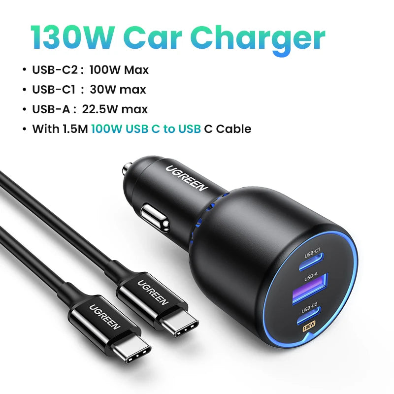 UGREEN 130W Car Charger Quick Charging PD3.0 Fast USB Type C Car Phone Charge For iPhone 14 13 Pro Max Laptops Tabet