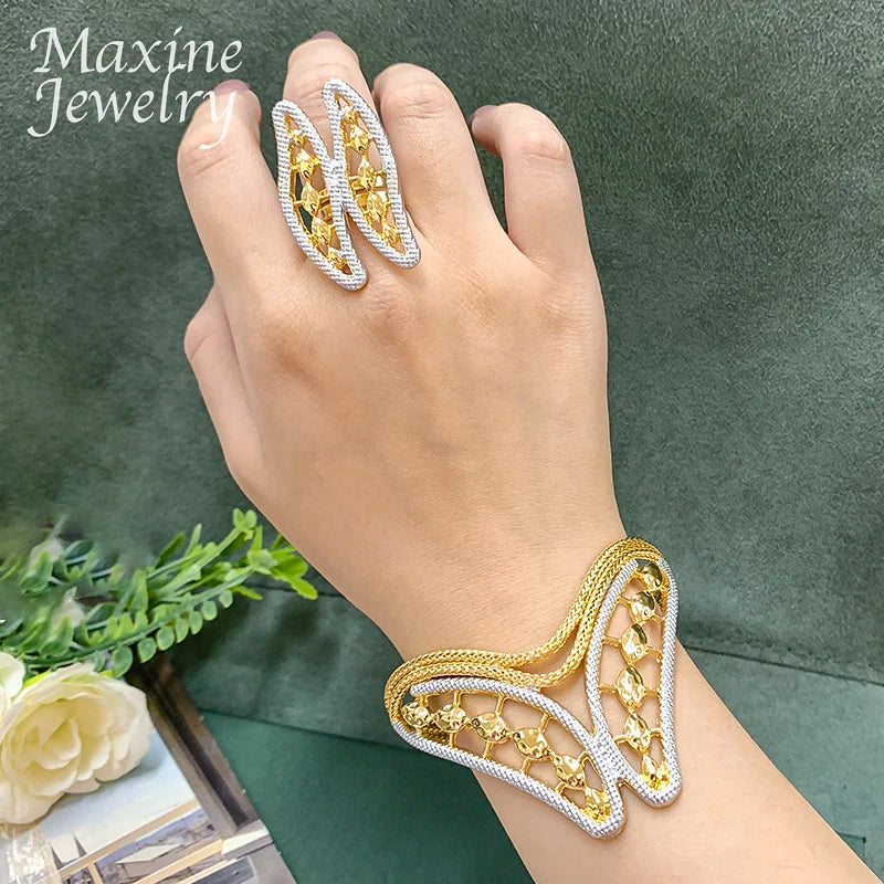 Feather Two Tones Geometric Design Jewelry Set Women Collar Necklace Earring Bracelet Ring African Bridal Wedding Party Gifts