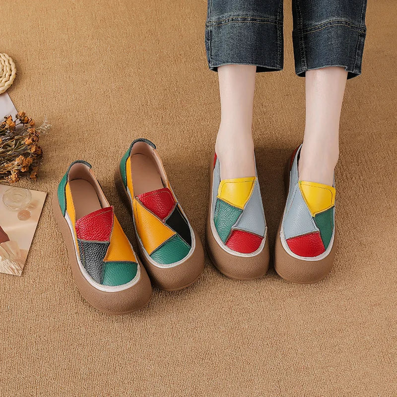 2025 New real leather ballet flats mixed colors moccasins women's slip on shoes luxury patchwork flats lady driving loafer woman