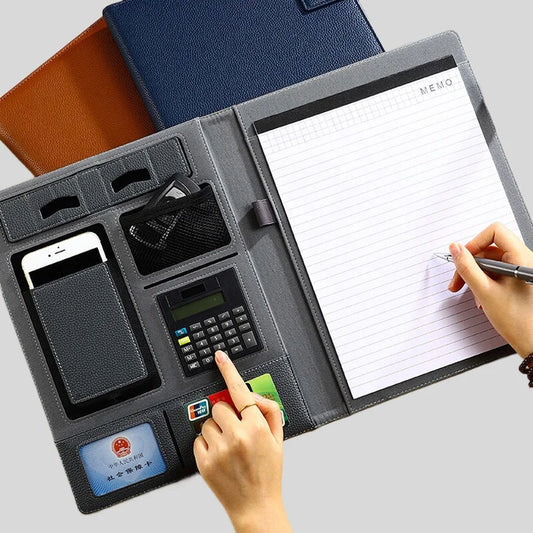 A4 Leather Padfolio Portfolio File Folder Man Document Holder Desk Organizer Executive Folders Calculator Briefcase for Office