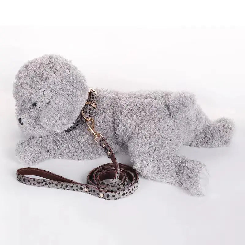 Leopard Print Dog Harness and Leash Set Adjustable - Stylish Dog Collar Pu Fashion Pet Walking Accessories for Small Dogs