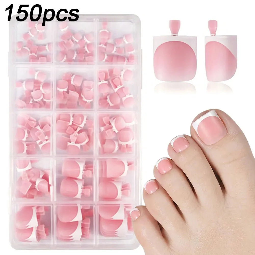 150pcs Light Pink Short Square Press On Toenails Matte White French Tip False Toenails Full Cover Toenail Extension Tips 15size%