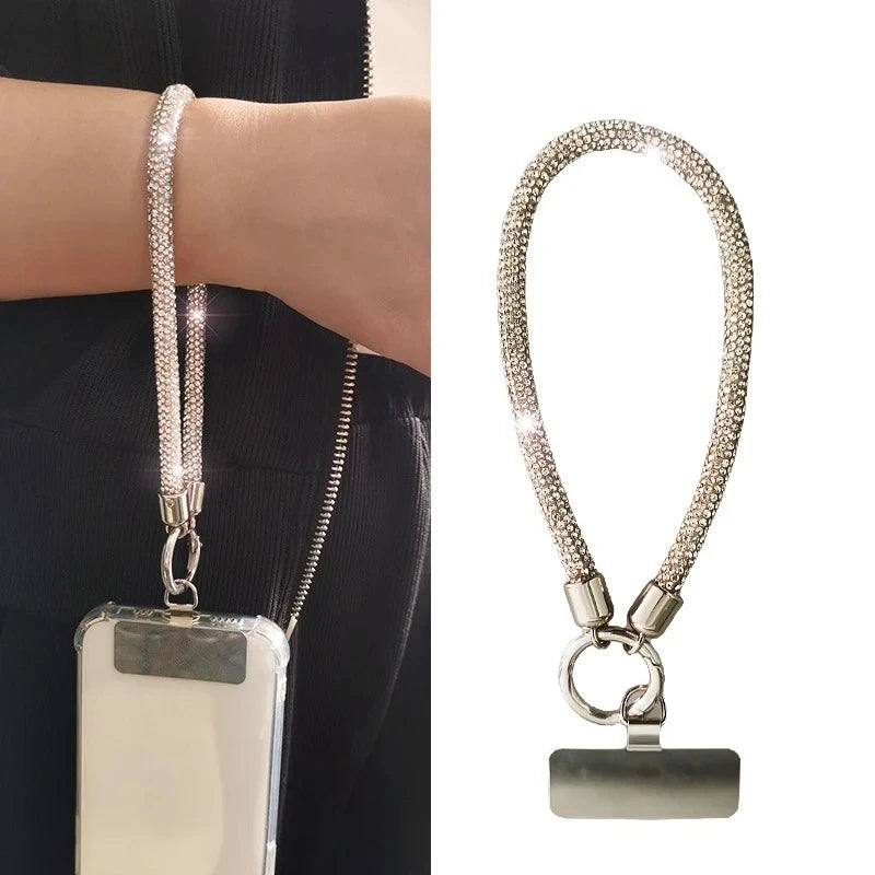 Luxury Full Diamond Phone Lanyard Universal Metal Clip Short Chain Handheld Wrist Flash Accessory for Mobile Phones