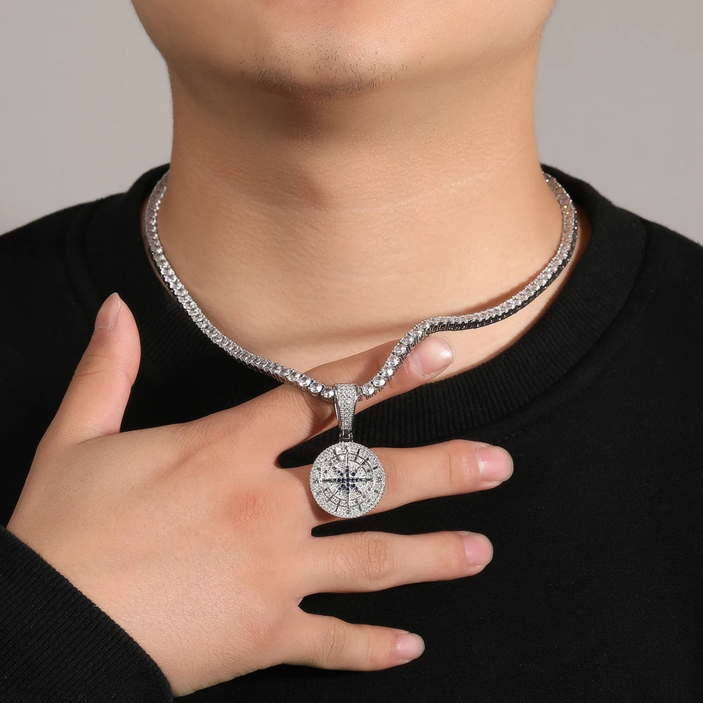 UWIN Compass Pendant Necklaces for Men Women Iced Out Black and White Cubic Zirconia Charms Fashion Jewelry for Gift