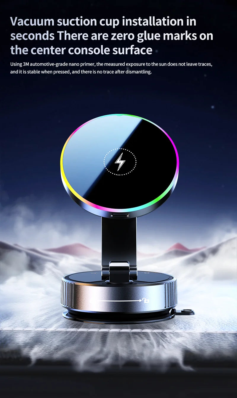 15W Vacuum Suction Magnetic Wireless Charger Car Phone Holder Mount 360 degree Rotatable Compatible with Smartphones for iPhone
