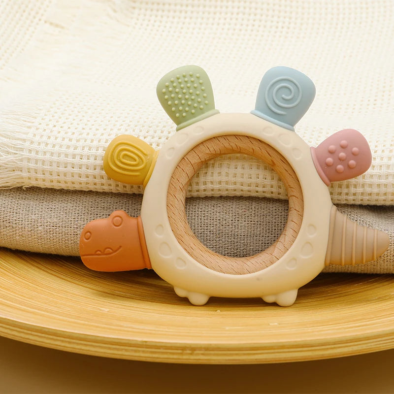 Cartoon Stegosaurus Baby Wooden Ring Silicone Teething Toys Easy to Grip Newborn Gift BPA Free Colorful Infant Chewing Molar Toy