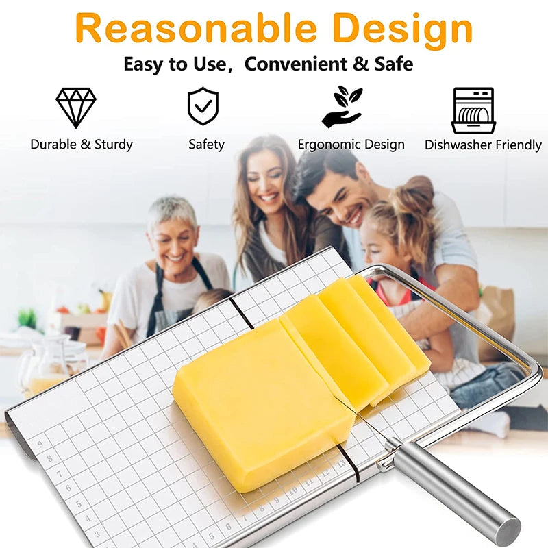 LMETJMA Cheese Slicers with Wire for Block Cheese Adjustable Cheese Cutter Board with 5 Replacement Wires Precise Scale JT53