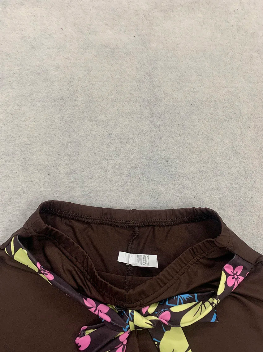 Retro Hawaiian Style Women Tankini Swimwear Floral Halter V Neck Shir Top Matching Brown Short Bottom Self Tie Waist Beach Suits