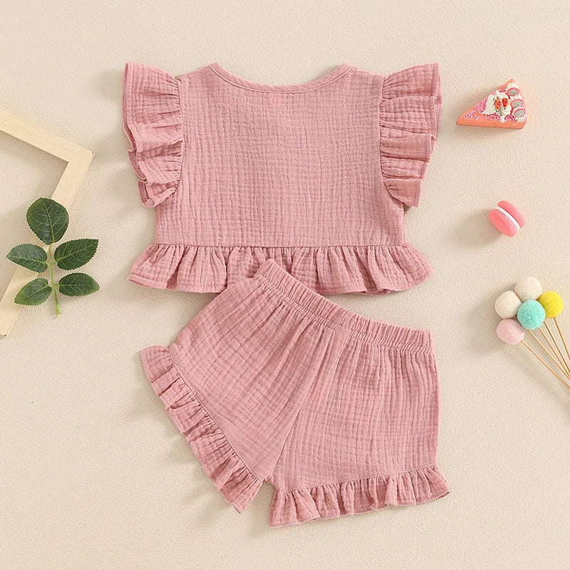 Pudcoco Little Girl 2 Piece Summer Set, Fly Sleeve Button Down Ruffled Tops Bow Elastic Waist Shorts Baby Toddler Set 6M-4T