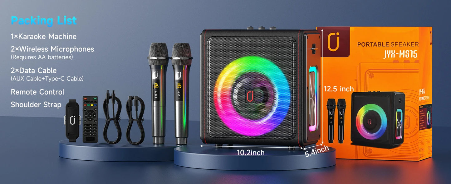 Karaoke Machine, Portable Bluetooth 5.3 Speaker with 2 Wireless Microphones for Adults, Supports TWS/TF Card/USB/AUX/Live