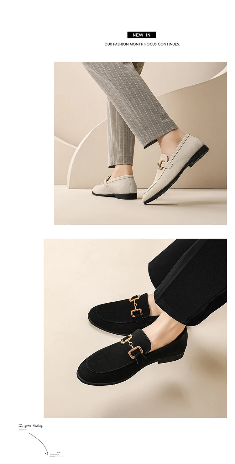 Loafers Men Shoes Black Beige Flock Round Toe Metal Decoration Men Dress Shoes Slip on Men Shoes