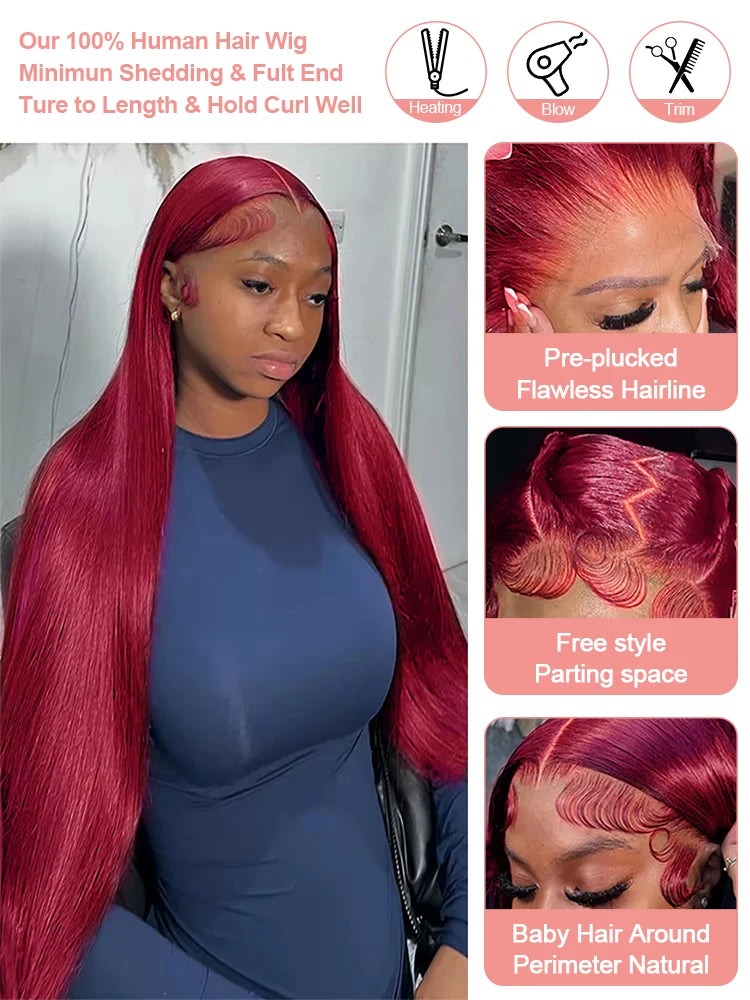 Burgundy Transparent Lace Frontal Human Hair Wig 7x5 Glueless Red 99J Straight Colored 13x4 Lace Front Human Hair Wigs For Women
