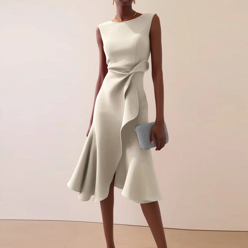 Sexy Women Elegant O Neck Solid Commute Knot Slim Ruffled Irregular Summer Sleeveless A-Line Hight Split Wedding Party Dresses
