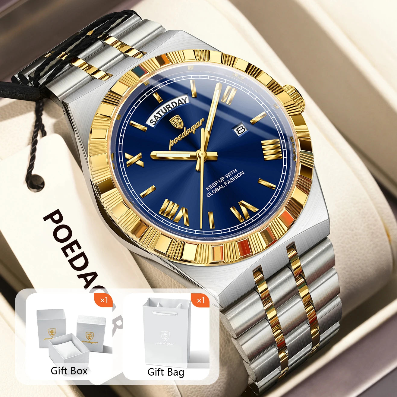 POEDAGAR Original Male Watch Luminous Waterproof Week Date Men Wristwatch Stainless Steel Business Quartz Men's Watches Gift+Box