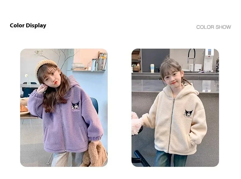 Winter 2025 New Cartoon Sanrio Kuromi Girls' Velvet Jacket Plus Velvet Children'S Polar Fleece Hooded Clothes Girls Winter Cloth