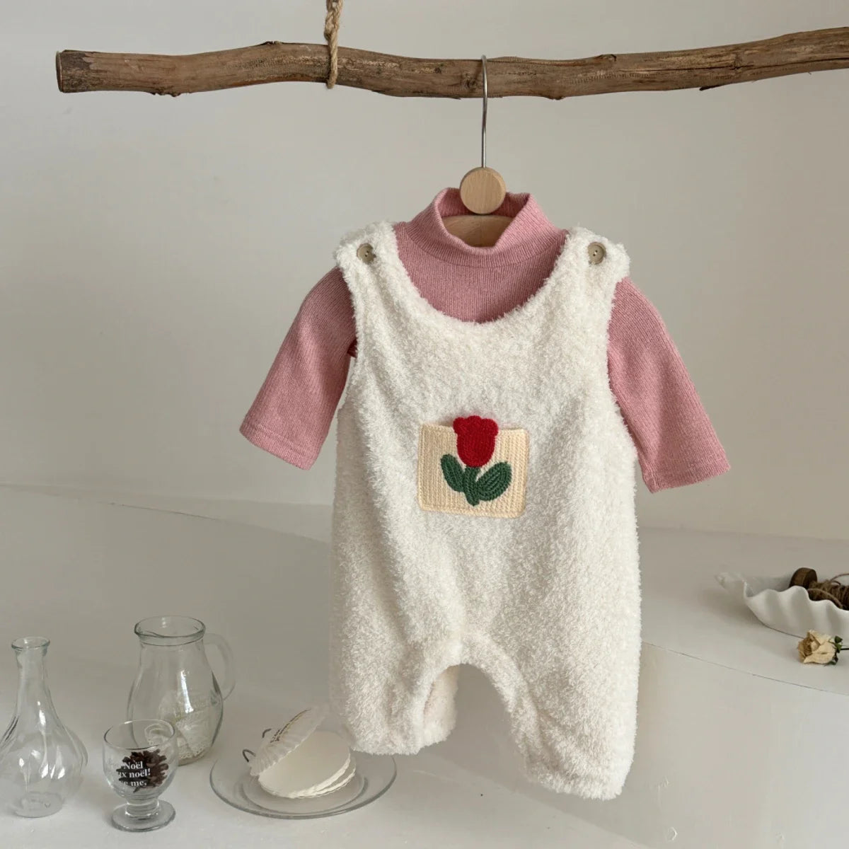 2Pcs Winter Autumn Toddler Baby Girls Clothes Flower Embroidered Plush Rompers+Pink Bottom Shirt Set Infant Warm Clothing Suits