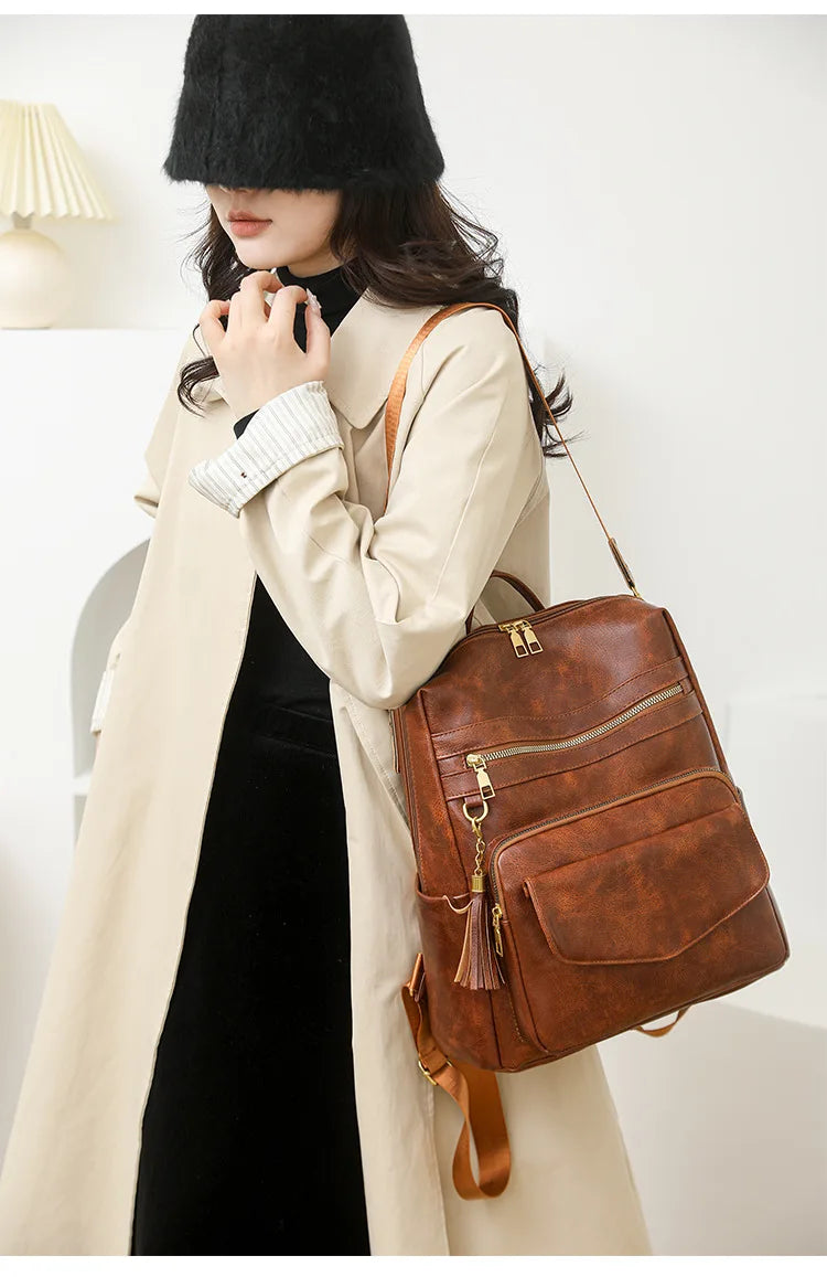 Backpack Purse for Women pu Large LadiesFashion Tassel Pu Leather Travel Backpack Purse Designer Ladies Shoulder Bags Waterproof