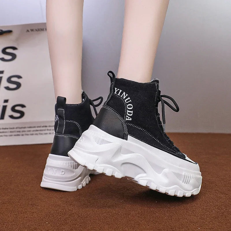 Women Sneakers High Top Platform Breathable Leather Shoes 2023 Autumn Ladies Wedges Casual Shoes For Woman Sports Dad Shoes 8CM