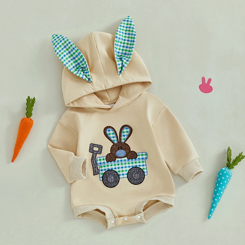 0-18M Newborn Baby Boys Easter Hooded Romper Long Sleeve Bunny Carrot Embrolidery Casual Jumpsuit