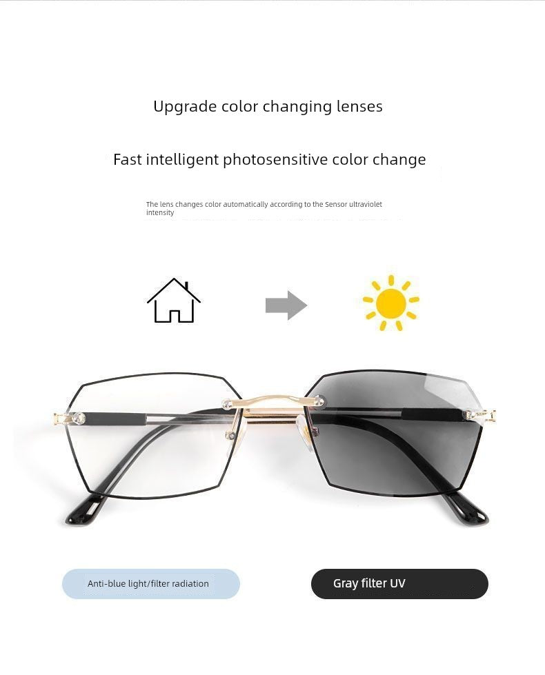 Frameless Business Color-Changing Reading Glasses Men Middle-Aged and Elderly HD Anti-Blue Ray Radiation Indoor and Outdoor Dual-Use Presbyopic Glasses