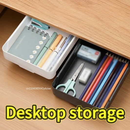 White Self-Adhesive Storage Drawer Box Makeup Pencil Tray Desk Hidden Under Desk Stand Self-adhesive Under-drawer Storage Boxes